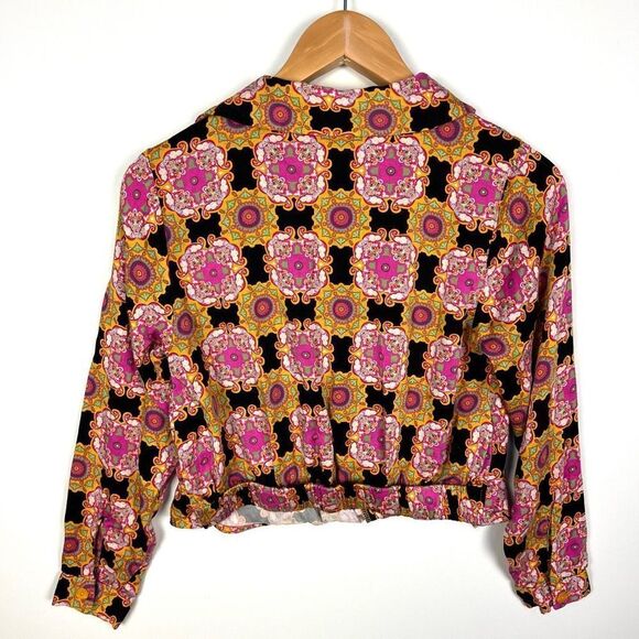 Haute Hippie Long Sleeve Collared Blouse Top Colorful Psychedelic Pattern size S - Picture 2 of 11